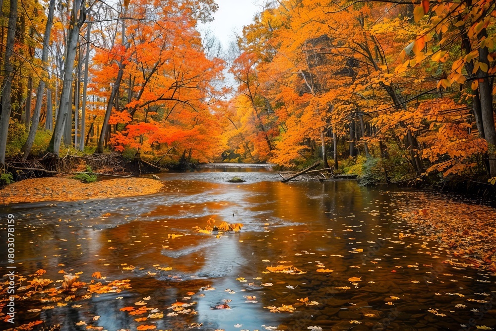 Autumn Colors by the River: Picturesque Scene with Vibrant Foliage, Reflective Water, and Floating Leaves Autumn Colors by the River: Picturesque Scene with Vibrant Foliage, Reflective Water, and Floating Leaves