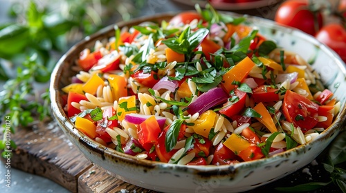 a vibrant dish of orzo salad, brightly colored vegetables and herbs centered and crisply detailed.