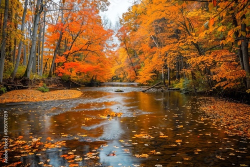 Autumn Colors by the River  Picturesque Scene with Vibrant Foliage  Reflective Water  and Floating Leaves