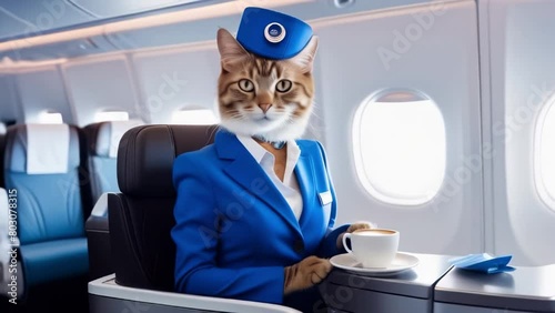 cat steward in a blue suit and hat on the plane drinks coffee against the backdrop of the porthole at the table. free time. vacation concept, trips to a warm country, traveling by plane