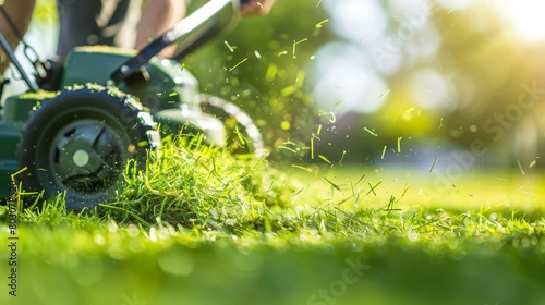 Lawn mower cutting grass. Small grass cuttings fly out of lawnmower. Grass clippings get spewed out of a mower pushed around by landscaper. CloseUp. Gardener working with mower machine. Mowing lawns photo