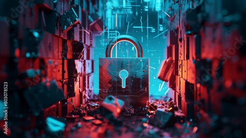 Futuristic depiction of a digital padlock amidst shattered cyber structures with vivid blue and red lighting. photo