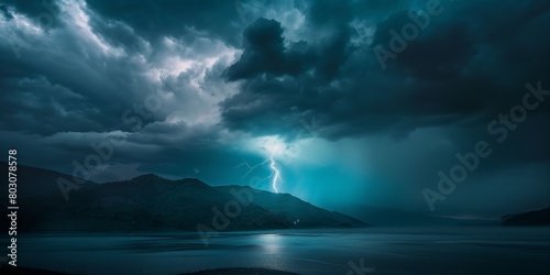 Dramatic lightning storm over mountain lake