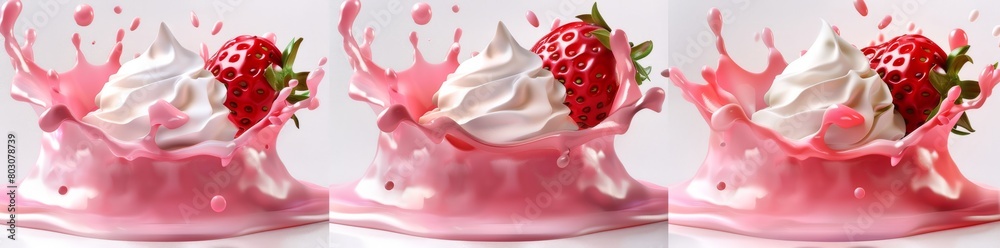 Three Juicy Strawberries Splashing into Milk, Creating a Pink Swirl on Black Background (Isolated)