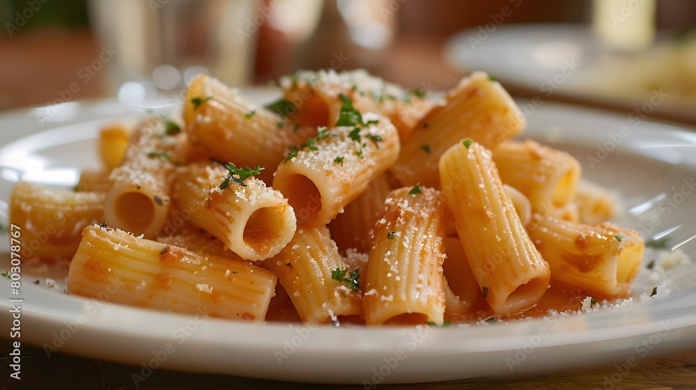 a plate of rigatoni with vodka sauce, each pasta tube perfectly centered and richly detailed. a plate of rigatoni with vodka sauce, each pasta tube perfectly centered and richly detailed.