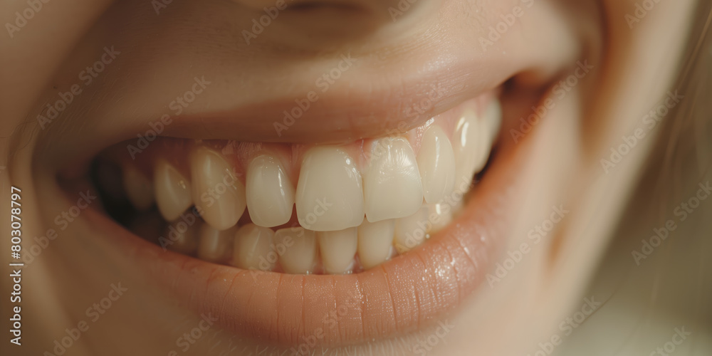 Fototapeta premium Detailed focused image of a woman's smile showcasing perfect, straight white teeth and dental health