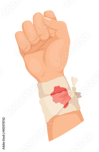 Hands injured skin and procedures of bandaging. First aid for wound. Medicine cure or treatment. First emergency help for human hand trauma