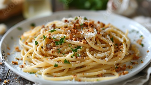 a plate of spaghetti with anchovies and breadcrumbs  focused centrally with the textures detailed and crisp.