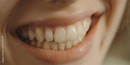 Detailed focused image of a woman's smile showcasing perfect, straight white teeth and dental health