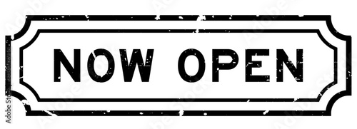 Grunge black now open word rubber seal stamp on white background