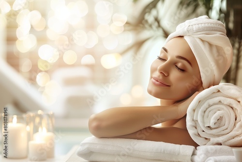 The image captures a moment of pure relaxation with a woman in a towel enjoying a spa day among lit candles photo