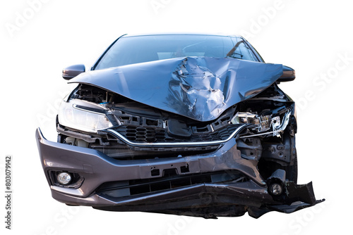 Car crash, Front view of new bronze car get damaged by accident on the road. damaged cars after collision. isolated on transparent background, car crash bumper graphic design element, PNG File