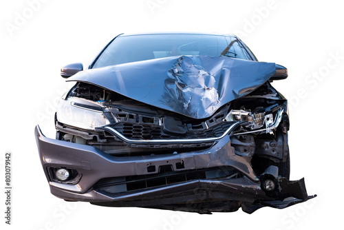 Canvas Print Car crash, Front view of new bronze car get damaged by accident on the road