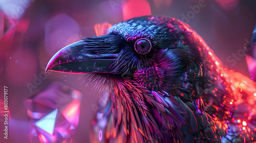 Holographic Enchantment: Transparent Raven Closeup - Macro Special SFX Photography with Neon Lights, Elegant Colors, and Insane Details in Volumetric Lighting photo