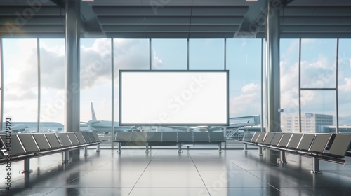 Modern airport waiting area with empty seats and a large blank advertising billboard.