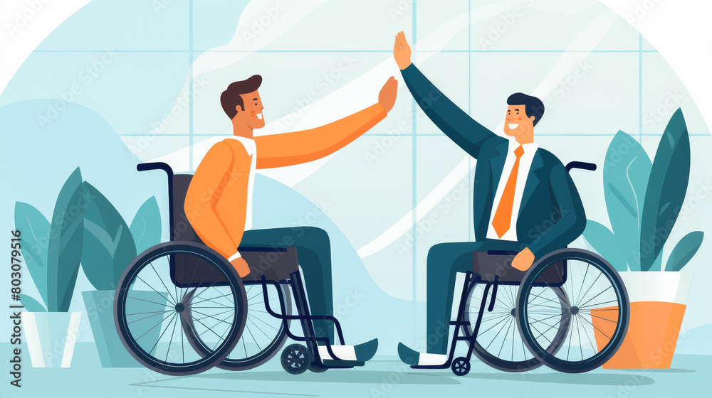 Flat design of an employee in a wheelchair being high-fived by a colleague. Flat design of an employee in a wheelchair being high-fived by a colleague.