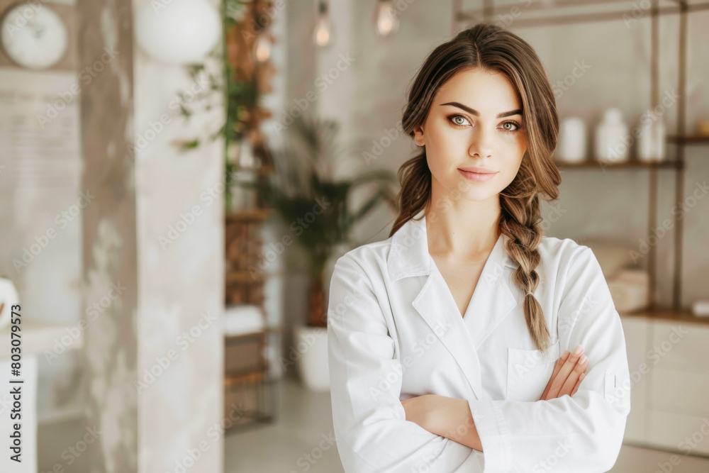 Portrait of a beautiful female doctor doing medical procedures in a SPA salon. A girl in a white medical coat works in a beauty salon. Portrait of a beautiful female doctor doing medical procedures in a SPA salon. A girl in a white medical coat works in a beauty salon.