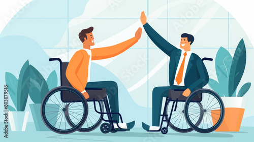 Flat design of an employee in a wheelchair being high-fived by a colleague.