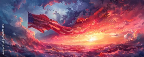 An American flag waving in the wind against a backdrop of stormy red clouds