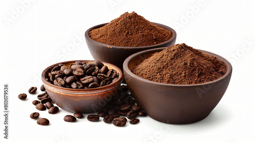 Bowls with coffee powder and beans isolated on white background