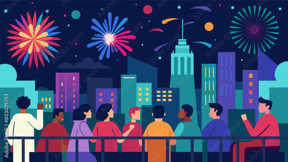 A city skyline illuminated by bursts of colorful fireworks as people gather on their balconies to celebrate Independence Day.. Vector illustration