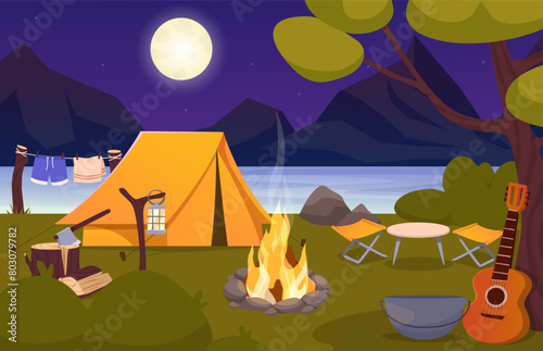 Nature summer night camp landscape with tents, campfire, backpack with lake and mountains on background. Vector cartoon landscape with mountain, forest and campsite. Equipment for travel.