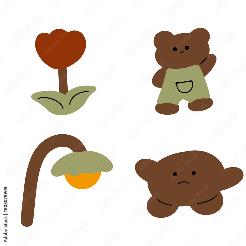 Fototapeta premium Childrens Illustration: Bedtime with Adorable Teddy Bear, Flower and Lamp