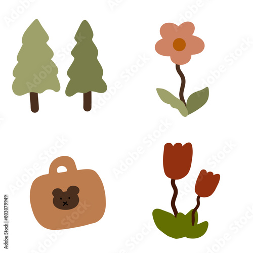 Colorful Spring Illustration with Bag, Flowers and Trees
