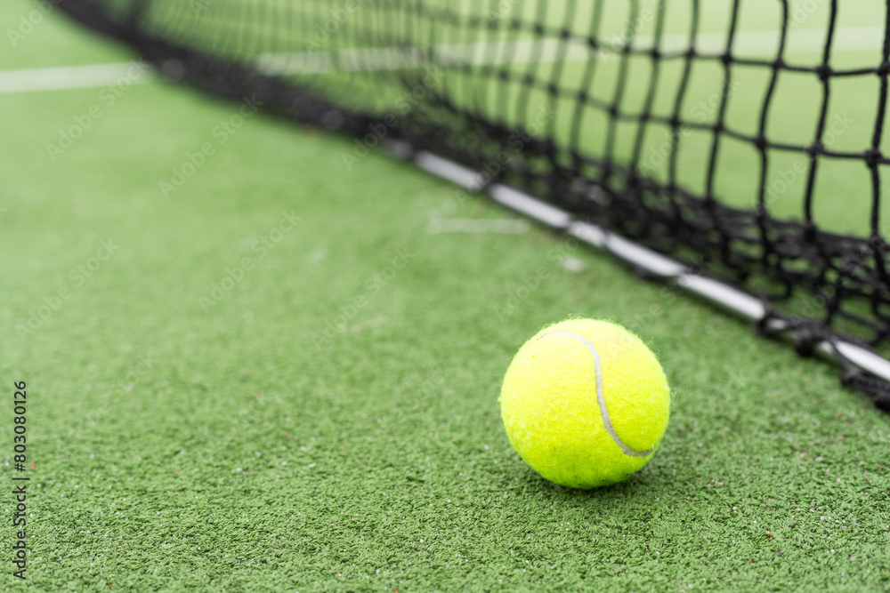 Tennis Ball on the Court against the Court Net