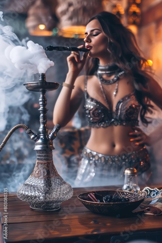 Girl with hookah belly dance. Selective focus. photo