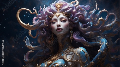 Fantasy concept: Medusa, a woman with snake hair, beautiful colors, looks formidable, she is a queen.