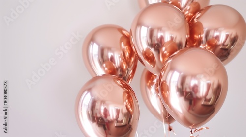 Cluster of shiny rose gold balloons on a light background, reflecting their surroundings.
