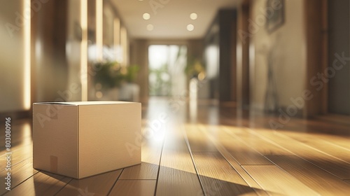 Cardboard box on wooden floor inside a sunlit modern hallway. © kept