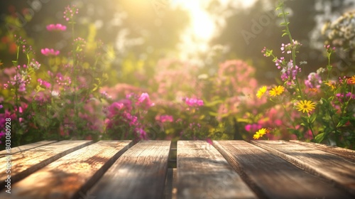 Sunny garden scene with vibrant wildflowers and rustic wooden table.