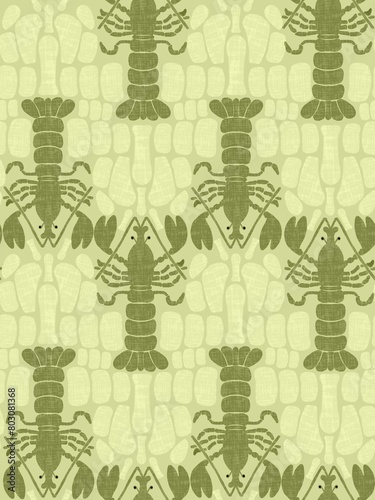 Seamless pattern "Cute lobsters on a background of tortoiseshell spots or mosaic pieces." Designed for decorating furniture, surfaces, walls, interiors, clothing, home textiles, stationery, etc.