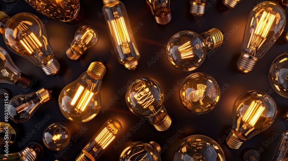 Multiple glowing filament bulbs suspended in air against a dark background, creating a soft golden glow. Multiple glowing filament bulbs suspended in air against a dark background, creating a soft golden glow.