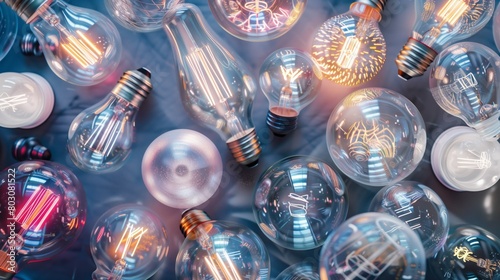Close-up of multiple illuminated light bulbs floating with a variety of filament designs and colorful glows. photo