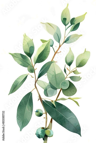 Eucalyptus branches and leaves. Beautiful watercolor. Used to design weddings, various events. Isolated white background.