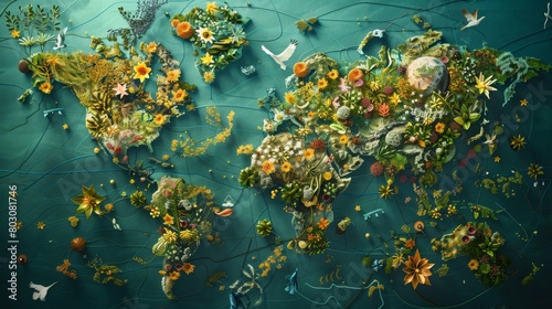 Artistic representation of a biodiversity map depicting global ecological hotspots
