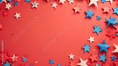 Colorful red, white, and blue paper stars scattered on a vivid red background with ample copy space.