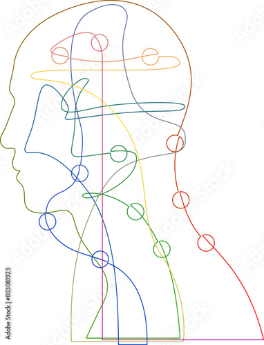 Continuous one line drawing of a man profile head with dots. Mental health or business concept. Linear vector illustration.