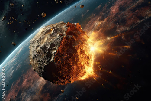 An artists rendition of a rock violently exploding in the vacuum of outer space, sending debris in all directions photo