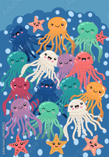 Cute jellyfish, sea world, printable template