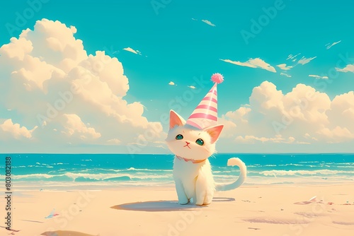 cartoon cat wearing a birthday hat on the beach