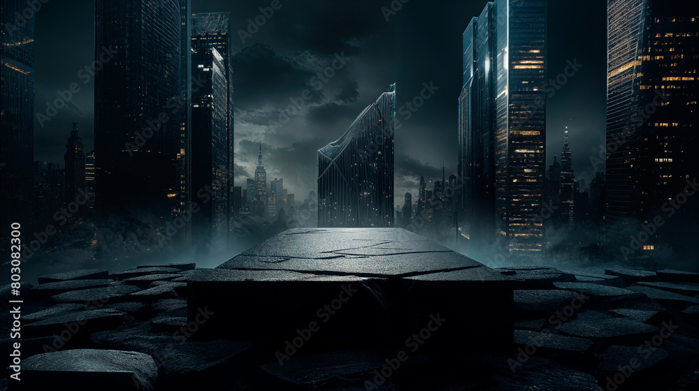 Obraz premium Empty black stone podium on the background of a beautiful blurry city skyline at night, mock up
