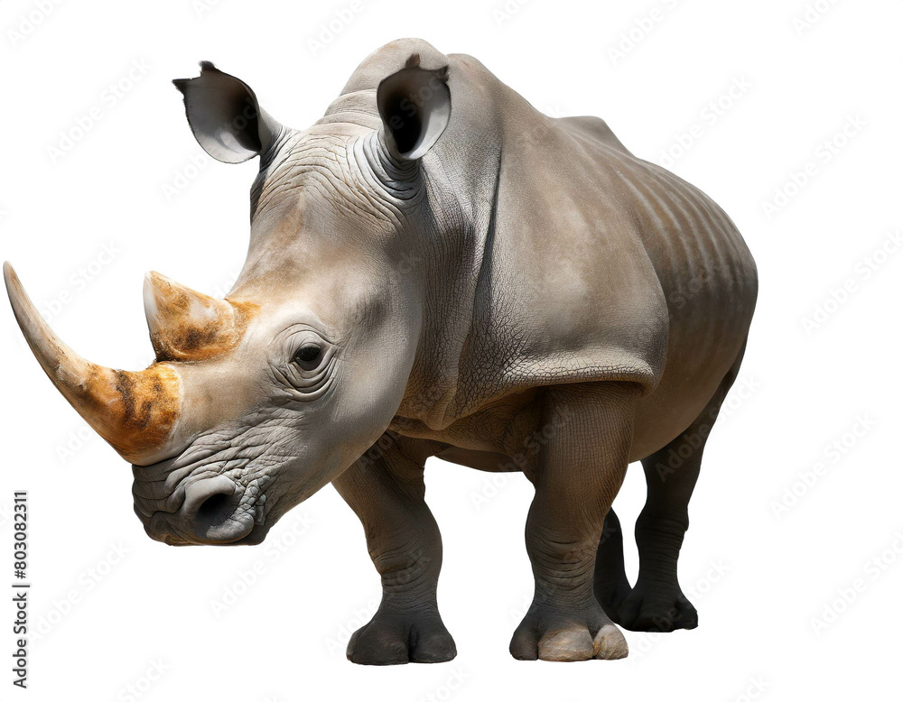 Fototapeta premium Rhinozeros auf vier beinen isoliert auf weißen Hintergrund, Freisteller