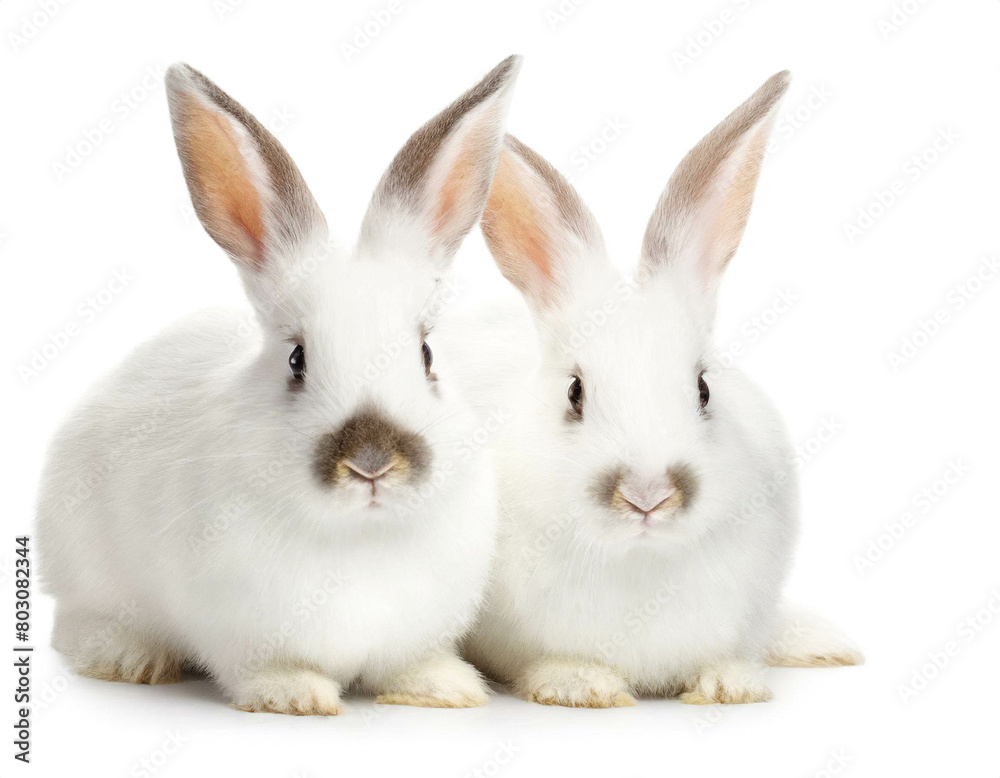 zwei weiße Kaninchen isoliert auf weißen Hintergrund, Freisteller