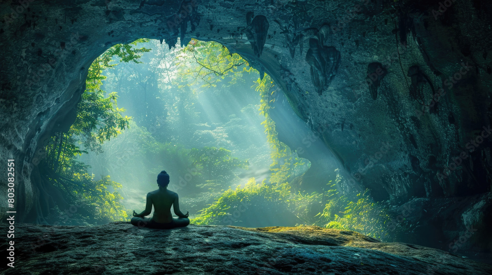 A person sitting calmly in the middle of a dark cave, surrounded by rocky walls and a dim natural light seeping through cracks A person sitting calmly in the middle of a dark cave, surrounded by rocky walls and a dim natural light seeping through cracks