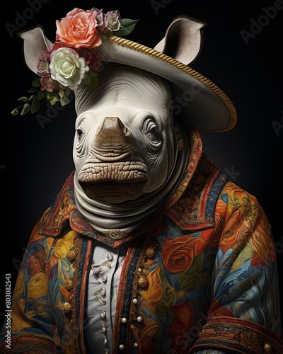 A stylish surreal rhino wears teal hat  retro ambiance  the overall composition blends realistic textures and proportions with imaginative elements  emphasizing a whimsical yet classy theme.