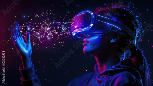 A woman immersed in a virtual reality experience, wearing a high-tech headset and interacting with digital content in a realistic 3D environment
